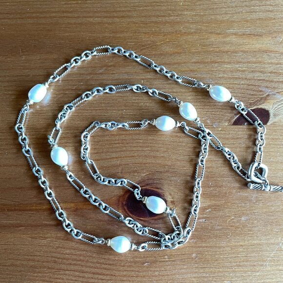 VTG David Yurman Figaro Chain Silver and Gold Pearl Necklace - 36 inches - Picture 2 of 16